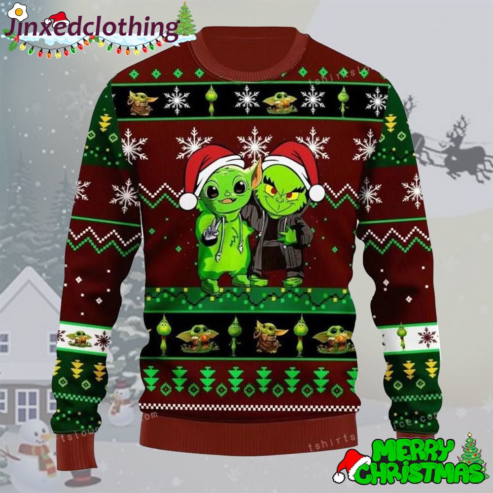 Yoda And Grinch Brown Green Ugly Sweater Christmas Party 